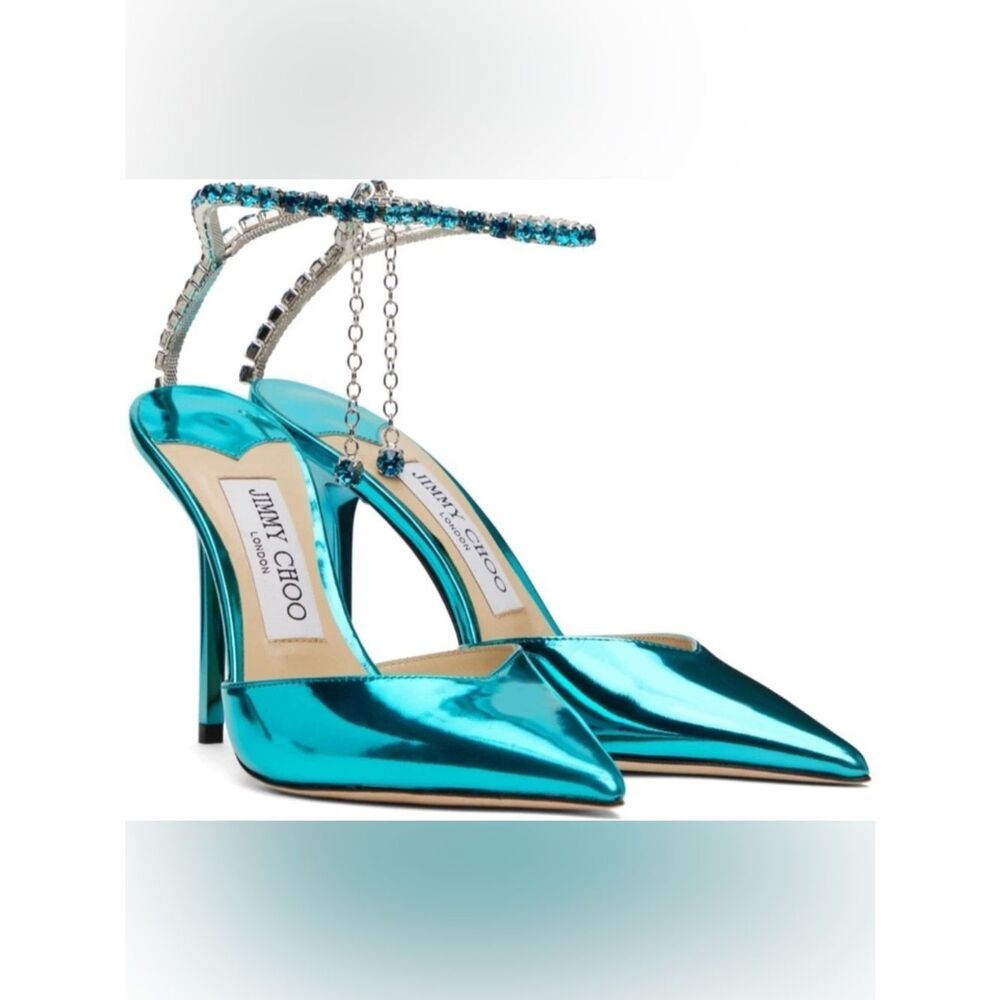 Jimmy Choo Saeda Crystal Ankle Strap Stilettos in Malibu Mix Authentic